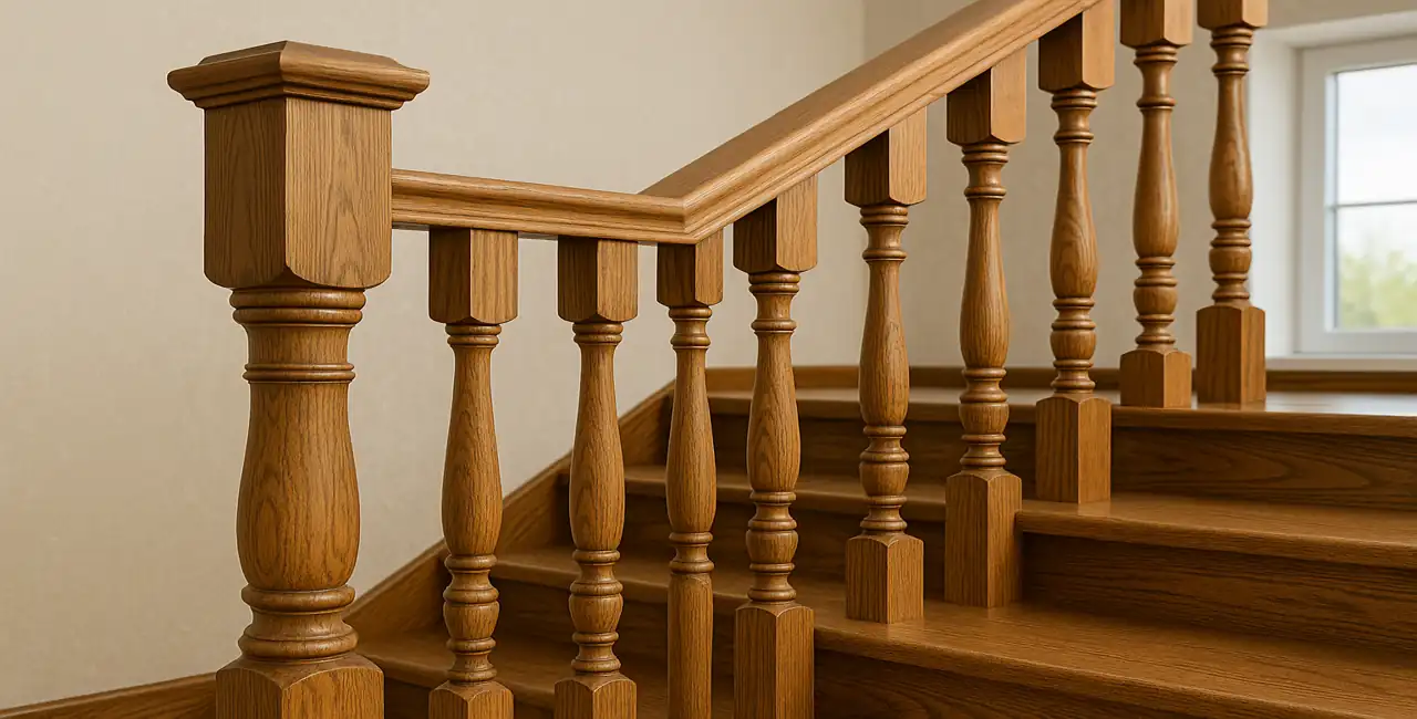 Barandilla de madera clásica con pasamanos y balaustres tallados en una escalera interior.