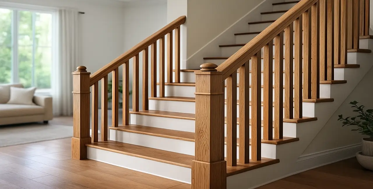 Barandilla de madera moderna instalada en una escalera interior con diseño minimalista.