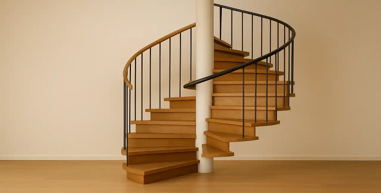 Escalera de caracol de madera con pasamanos metálico en un interior moderno