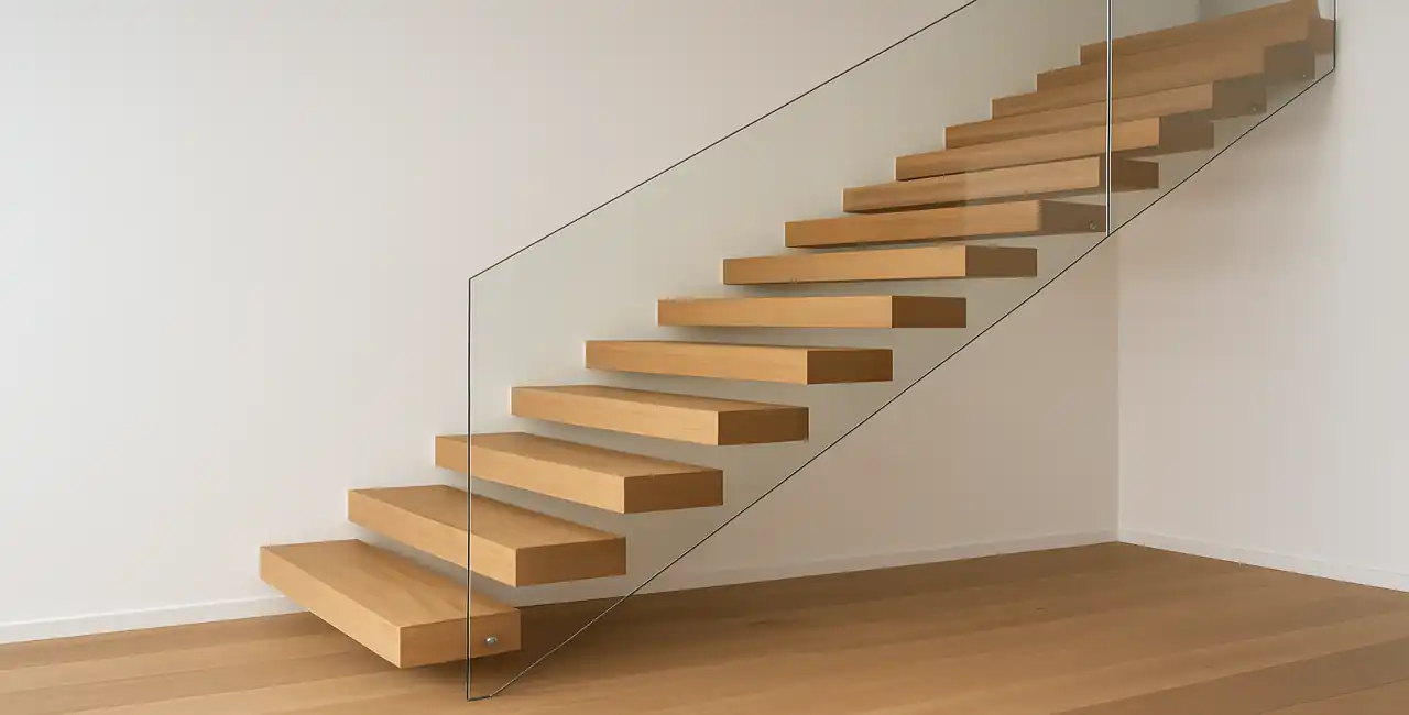 Escalera flotante de madera con peldaños anclados a la pared y barandilla de cristal en un interior moderno y minimalista.